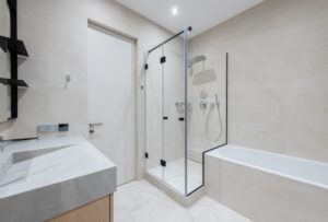 frameless glass shower doors and enclosure in modern bathroom