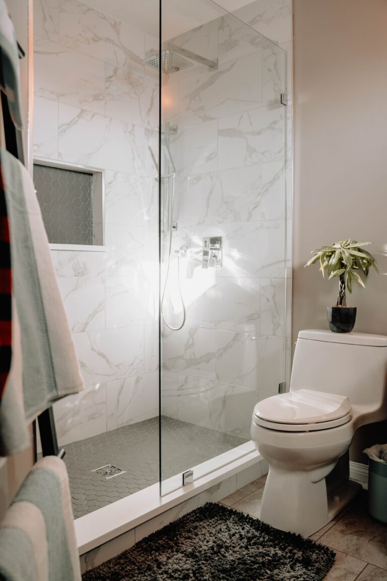 doorless Houston frameless showers with marble tile